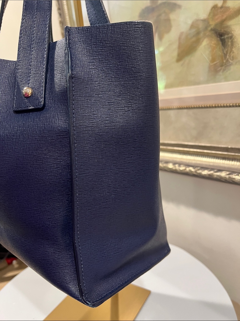 Furla Navy Structured Leather Satchel Tote - edge coat wear - Picture 3 of 14